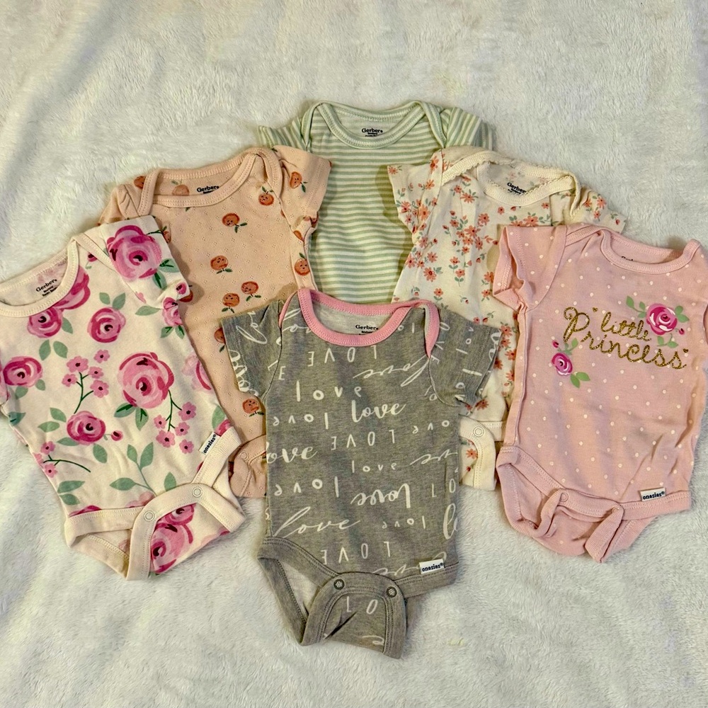 Sweet Little Bundle – 6 Newborn Baby Girl Gerber Onesies pink gray cream green